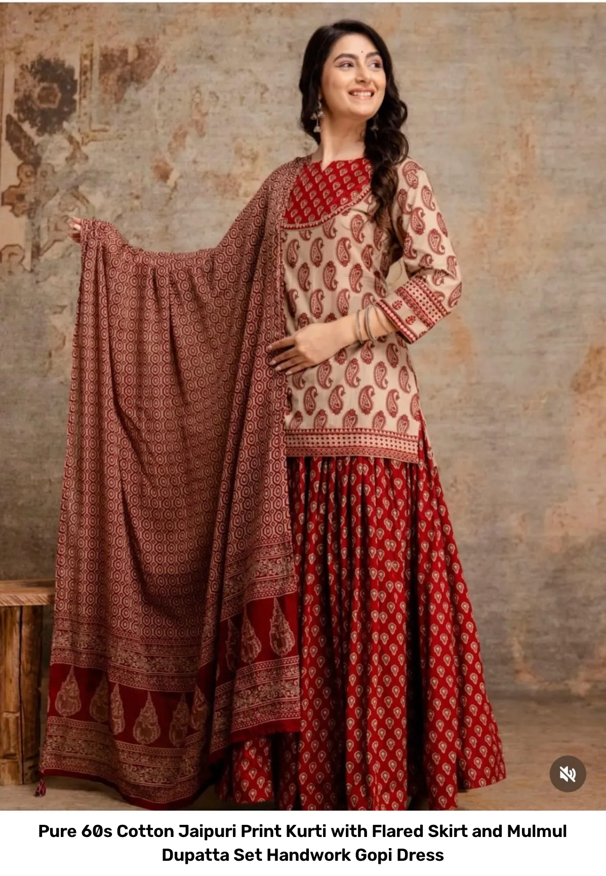 Pure 60s Cotton Jaipuri Print Kurti with Flared Skirt and Mulmul Dupatta Set – Handwork Gopi Dress 9