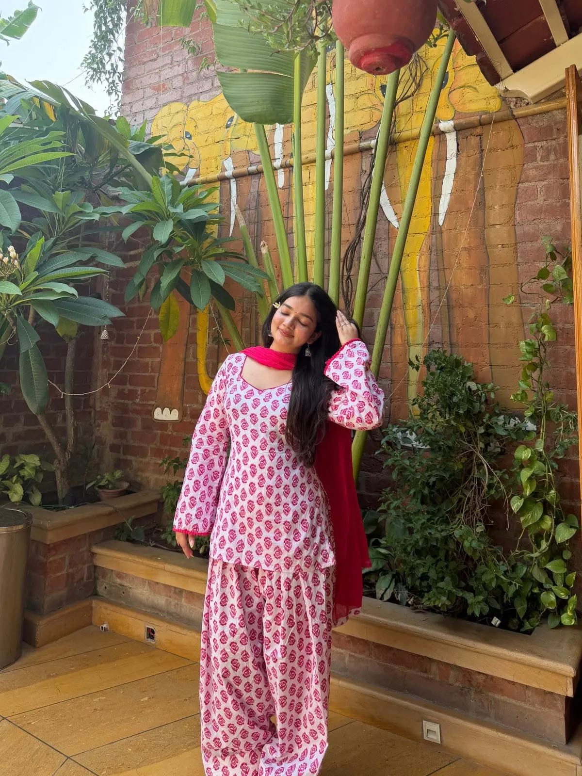 Pure 60s Cotton Jaipuri Printed Short Kurti with Farshi Salwar & Dupatta Set (3-Piece)