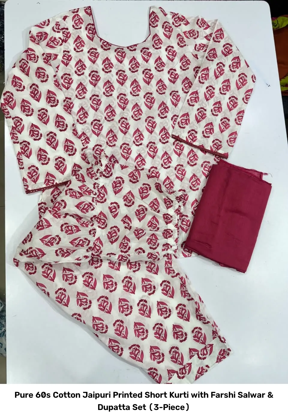 Pure 60s Cotton Jaipuri Printed Short Kurti with Farshi Salwar & Dupatta Set (3-Piece) 10