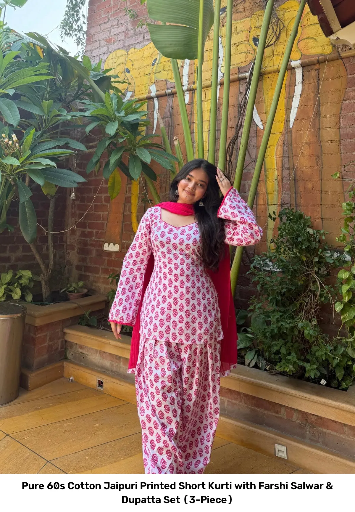 Pure 60s Cotton Jaipuri Printed Short Kurti with Farshi Salwar & Dupatta Set (3-Piece) 2