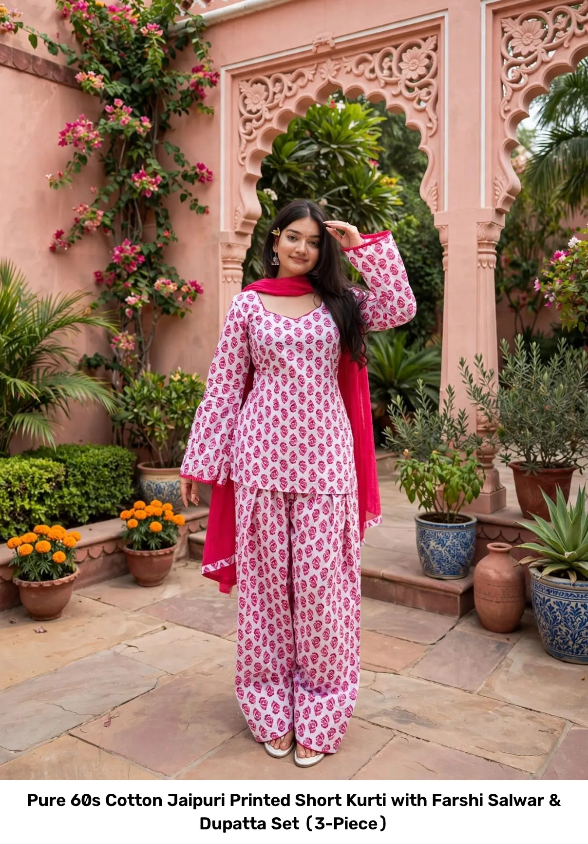 Pure 60s Cotton Jaipuri Printed Short Kurti with Farshi Salwar & Dupatta Set (3-Piece) 3
