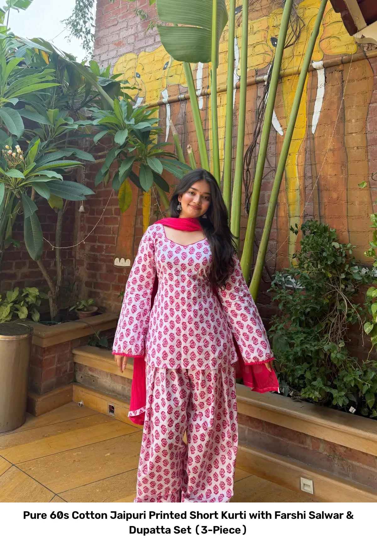 Pure 60s Cotton Jaipuri Printed Short Kurti with Farshi Salwar & Dupatta Set (3-Piece) 4