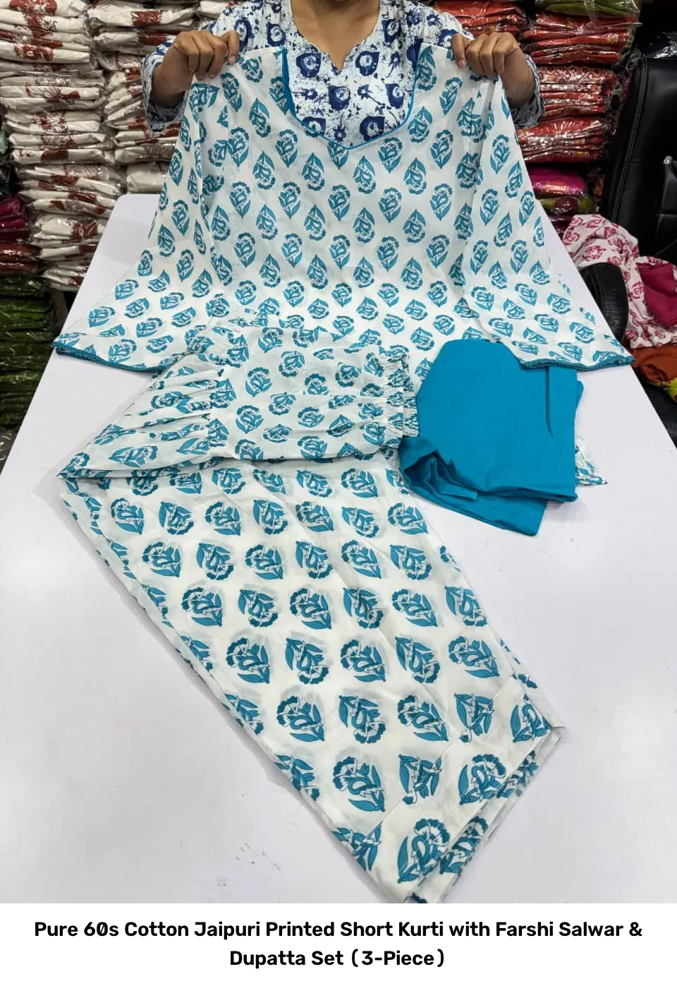 Pure 60s Cotton Jaipuri Printed Short Kurti with Farshi Salwar & Dupatta Set (3-Piece) 5