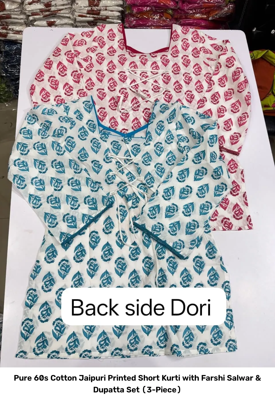 Pure 60s Cotton Jaipuri Printed Short Kurti with Farshi Salwar & Dupatta Set (3-Piece) 6