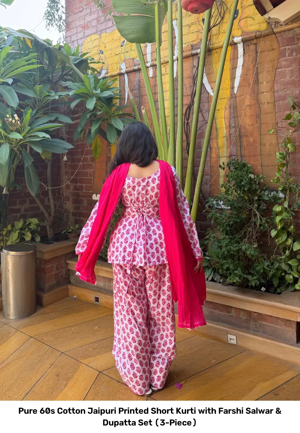 Pure 60s Cotton Jaipuri Printed Short Kurti with Farshi Salwar & Dupatta Set (3-Piece) 7