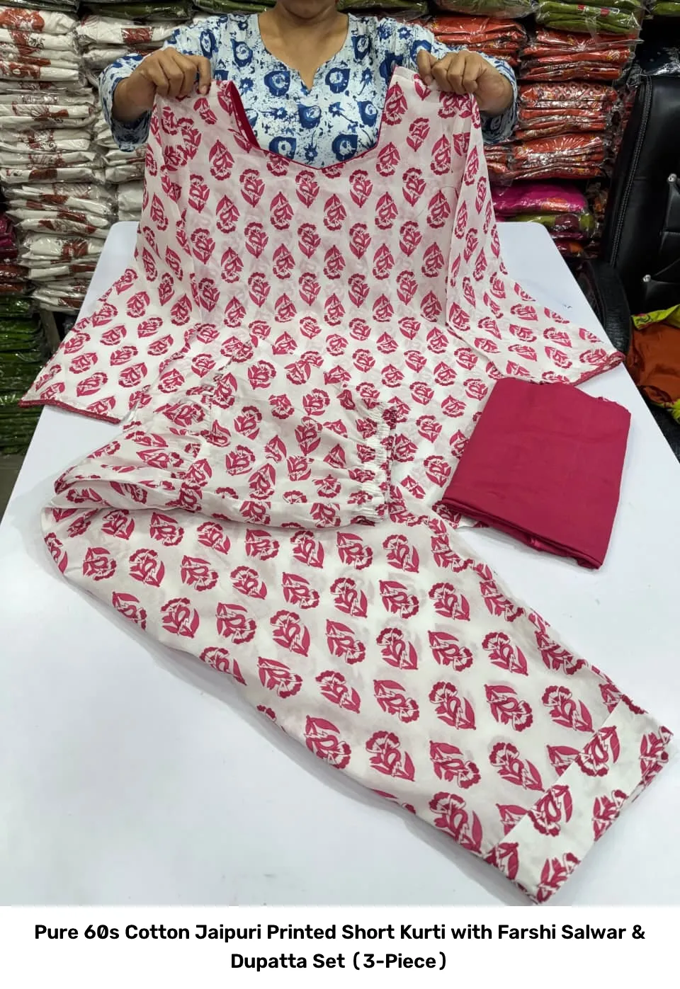 Pure 60s Cotton Jaipuri Printed Short Kurti with Farshi Salwar & Dupatta Set (3-Piece) 8