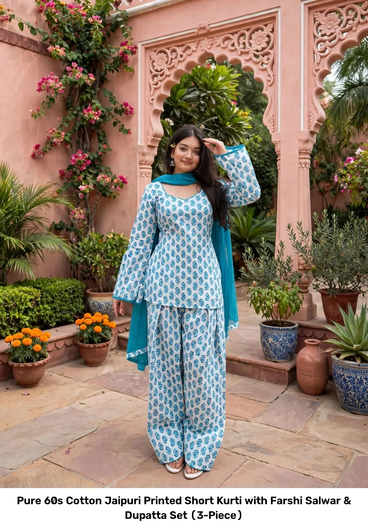 Pure 60s Cotton Jaipuri Printed Short Kurti with Farshi Salwar & Dupatta Set (3-Piece) 9