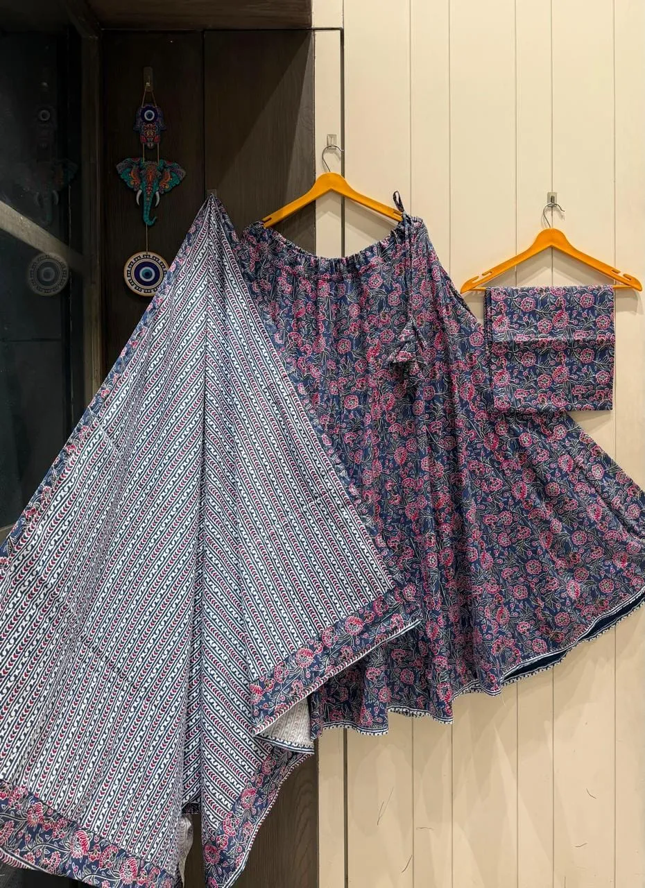 Pure Cambric Cotton Chaniya Choli with 7 Meter Flare | Jaipuri Block Print Kali Pattern Lehenga Set with Malmal Dupatta