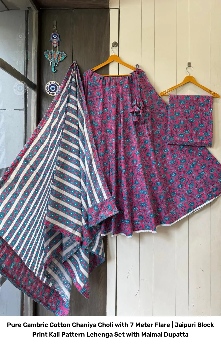 Pure Cambric Cotton Chaniya Choli with 7 Meter Flare | Jaipuri Block Print Kali Pattern Lehenga Set with Malmal Dupatta 13