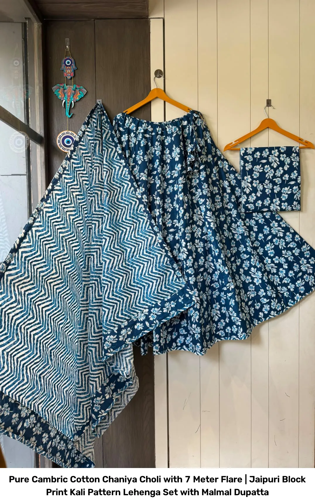 Pure Cambric Cotton Chaniya Choli with 7 Meter Flare | Jaipuri Block Print Kali Pattern Lehenga Set with Malmal Dupatta 17