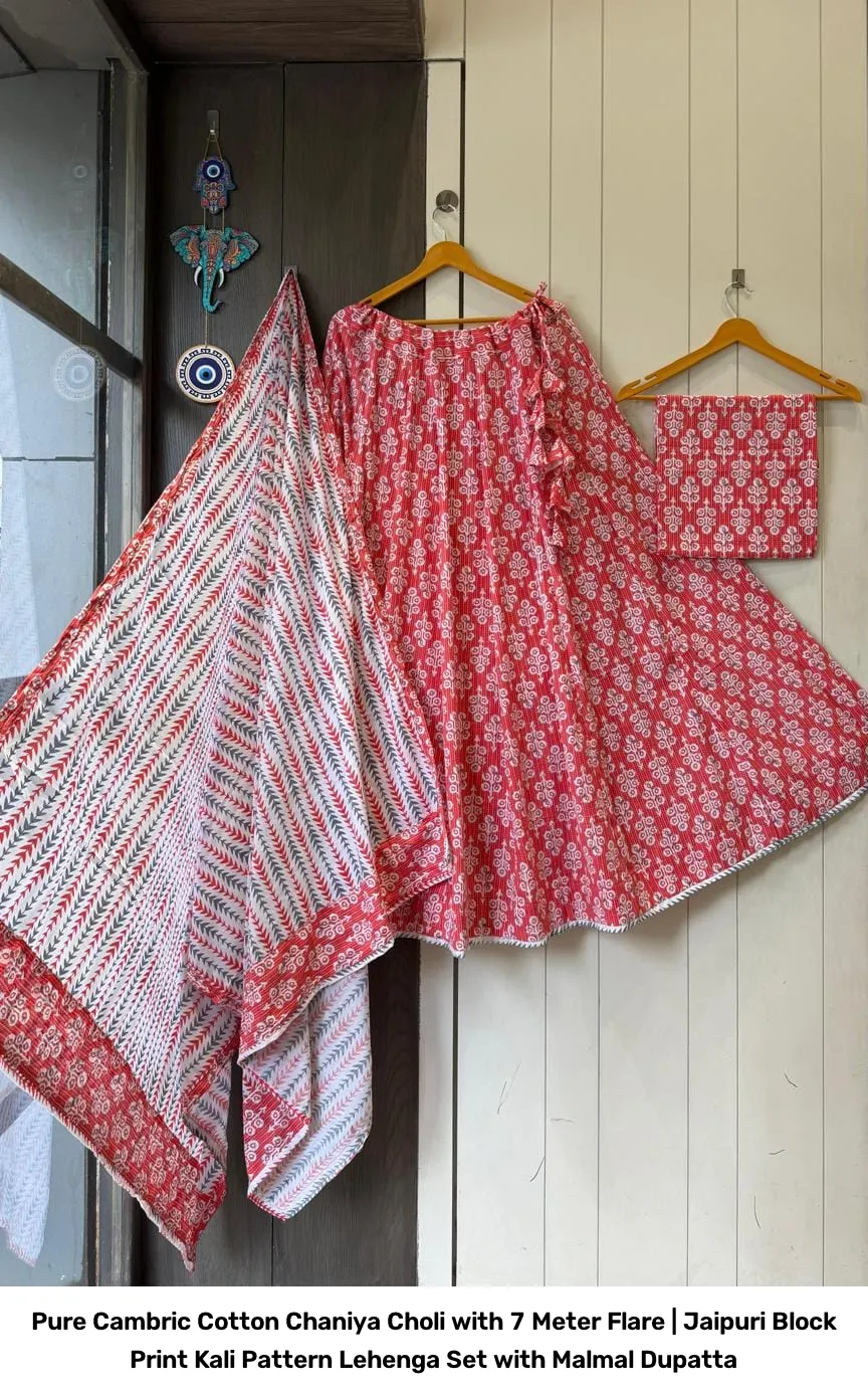 Pure Cambric Cotton Chaniya Choli with 7 Meter Flare | Jaipuri Block Print Kali Pattern Lehenga Set with Malmal Dupatta 8