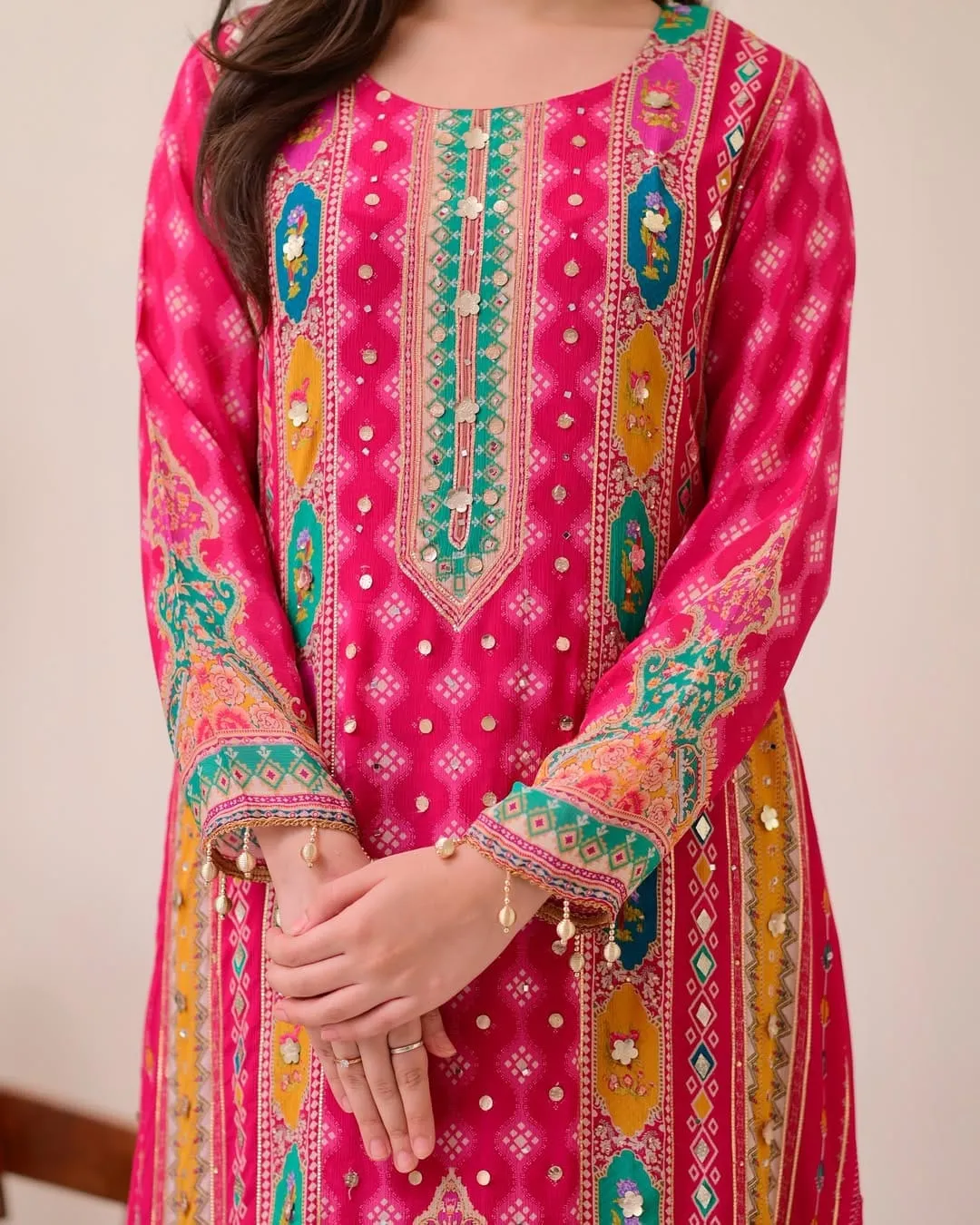 Pure Chinon Bandhani Kurti Palazzo Dupatta Set