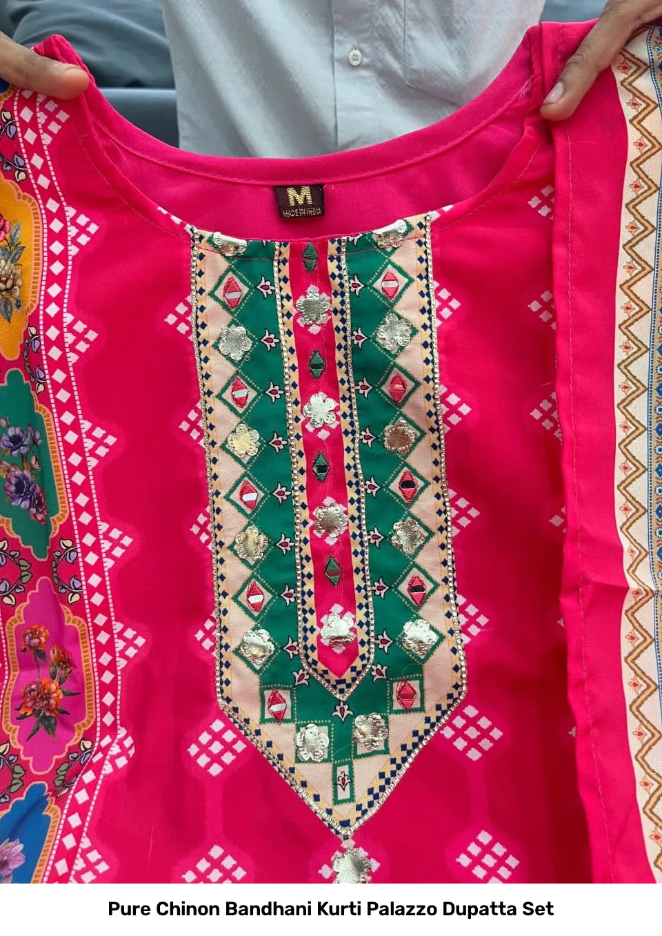 Pure Chinon Bandhani Kurti Palazzo Dupatta Set 2