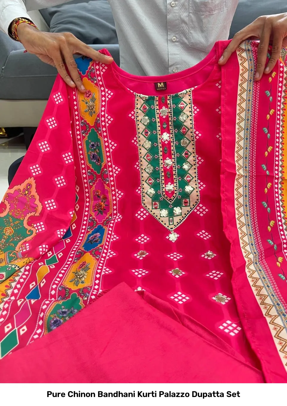 Pure Chinon Bandhani Kurti Palazzo Dupatta Set 3