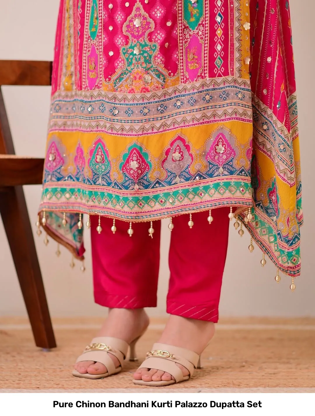 Pure Chinon Bandhani Kurti Palazzo Dupatta Set 4