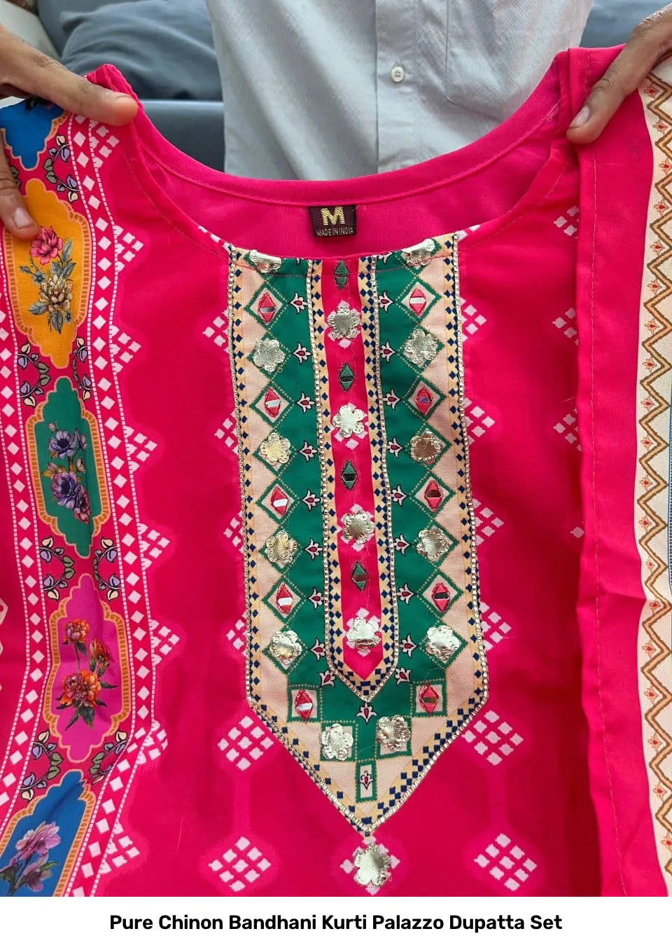 Pure Chinon Bandhani Kurti Palazzo Dupatta Set 5