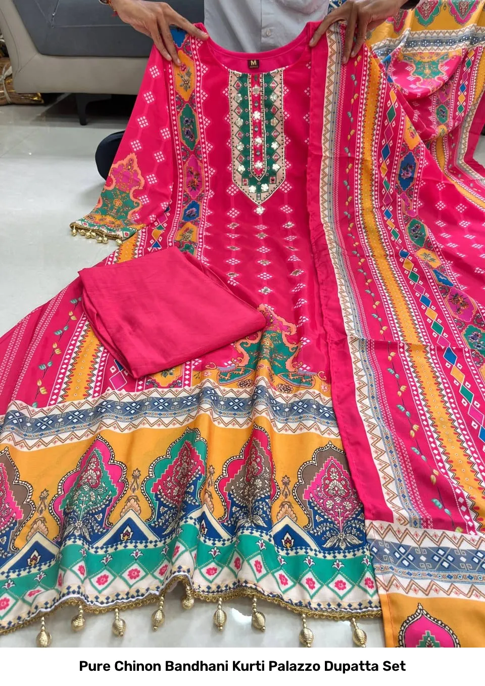 Pure Chinon Bandhani Kurti Palazzo Dupatta Set 6