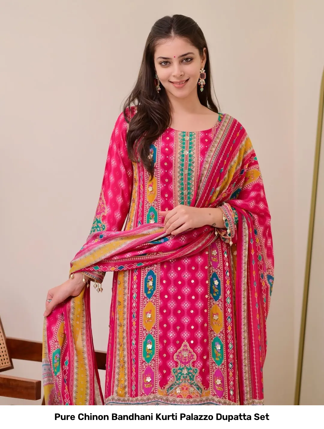 Pure Chinon Bandhani Kurti Palazzo Dupatta Set 7
