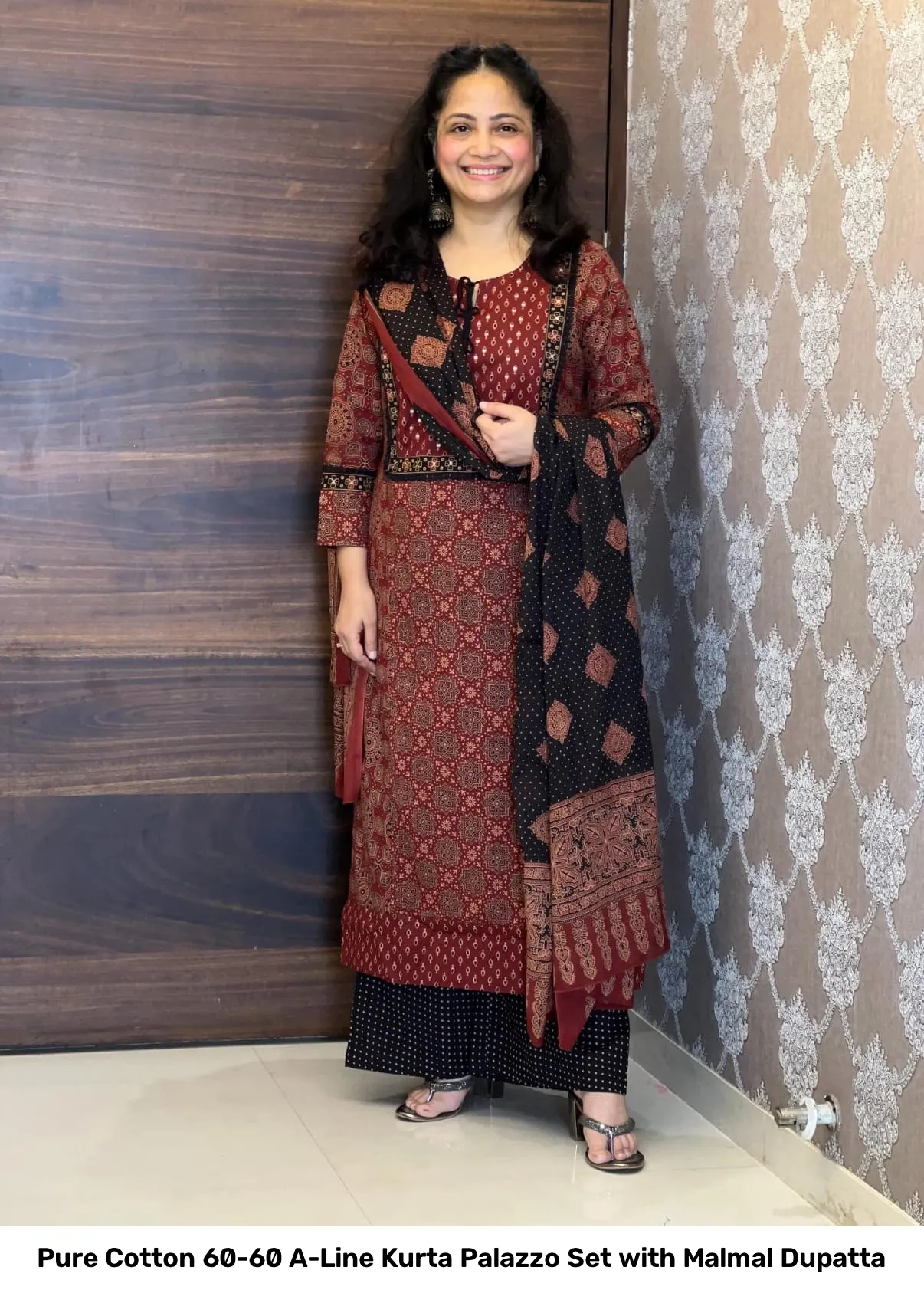 Pure Cotton 60-60 A-Line Kurta Palazzo Set with Malmal Dupatta 11