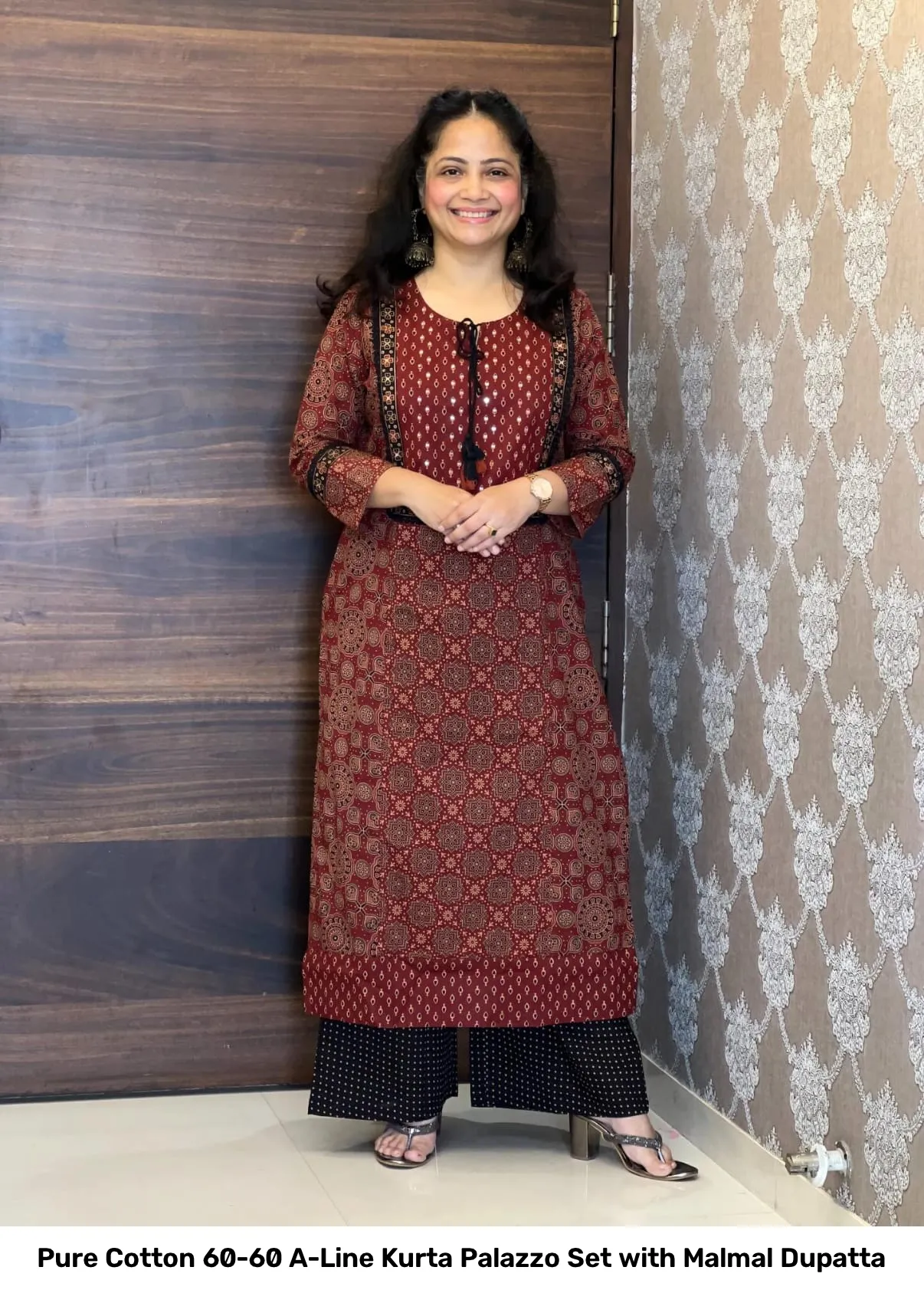 Pure Cotton 60-60 A-Line Kurta Palazzo Set with Malmal Dupatta 12