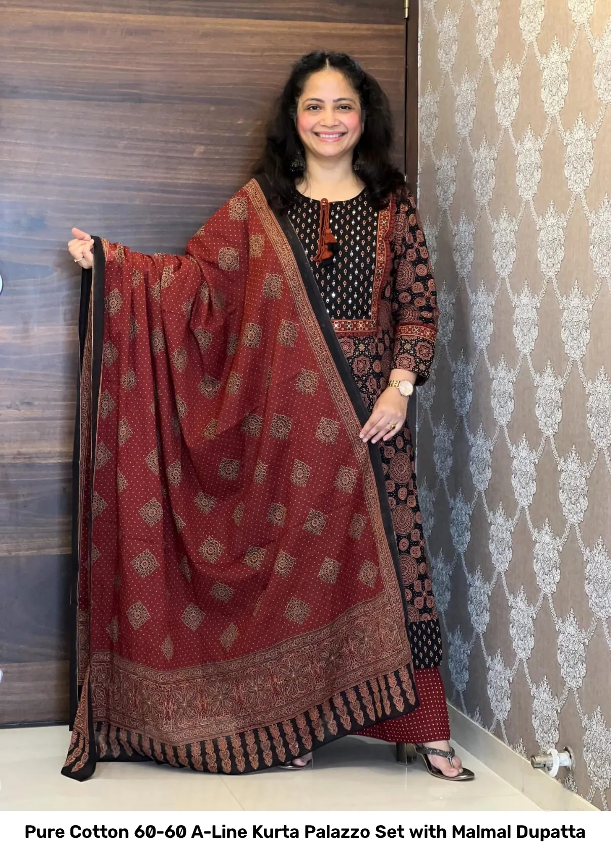 Pure Cotton 60-60 A-Line Kurta Palazzo Set with Malmal Dupatta 15