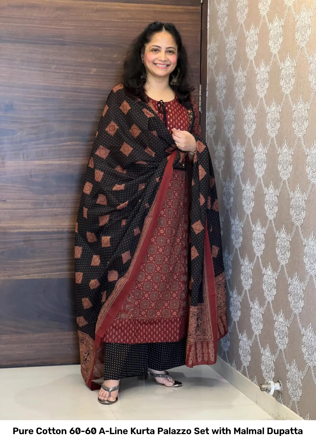 Pure Cotton 60-60 A-Line Kurta Palazzo Set with Malmal Dupatta 6