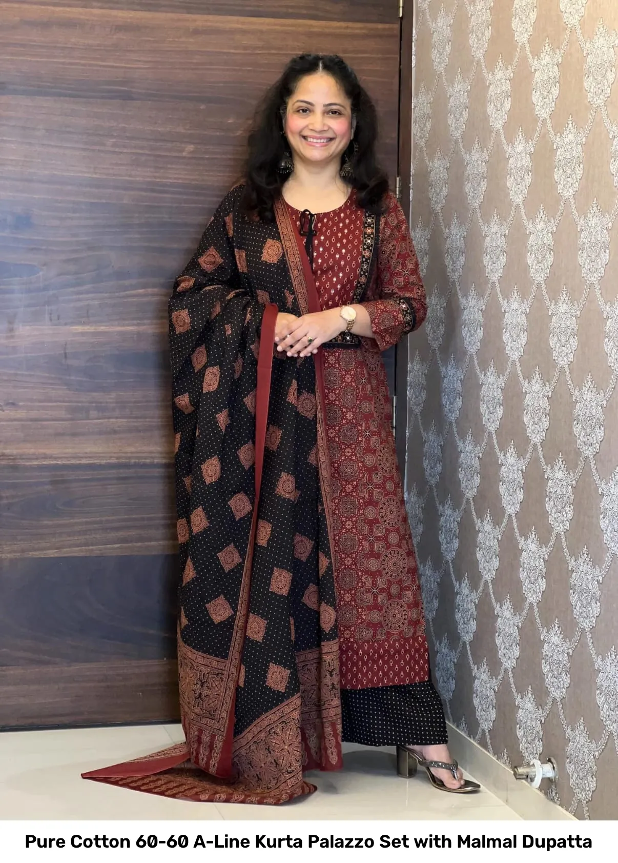 Pure Cotton 60-60 A-Line Kurta Palazzo Set with Malmal Dupatta 7