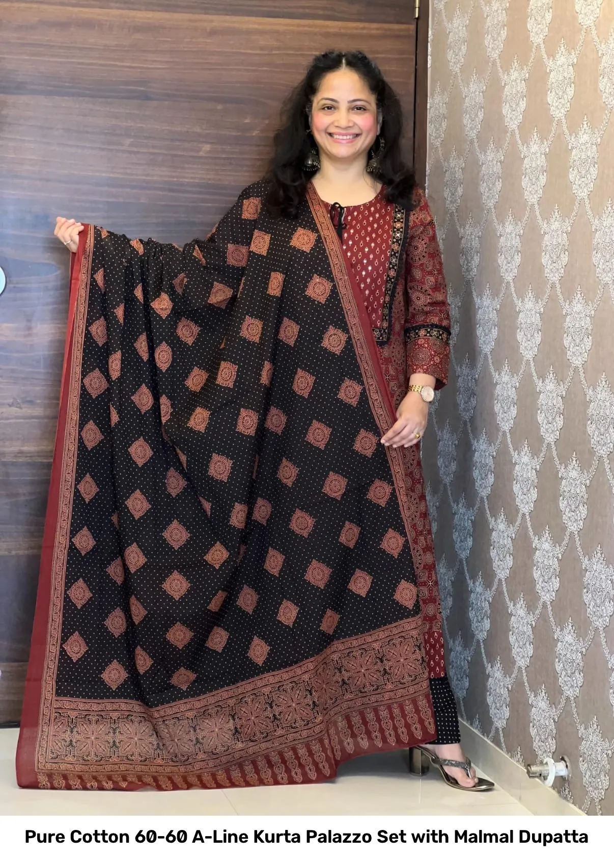 Pure Cotton 60-60 A-Line Kurta Palazzo Set with Malmal Dupatta 9