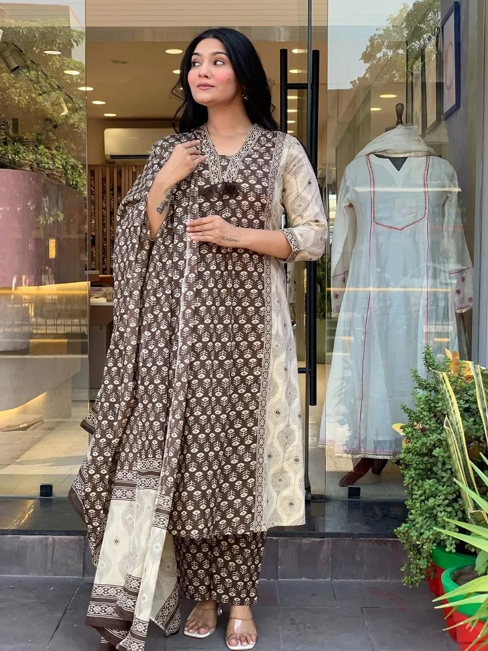 Pure Cotton 60-60 Panel Print Flared Kurti Pant Set with Dupatta