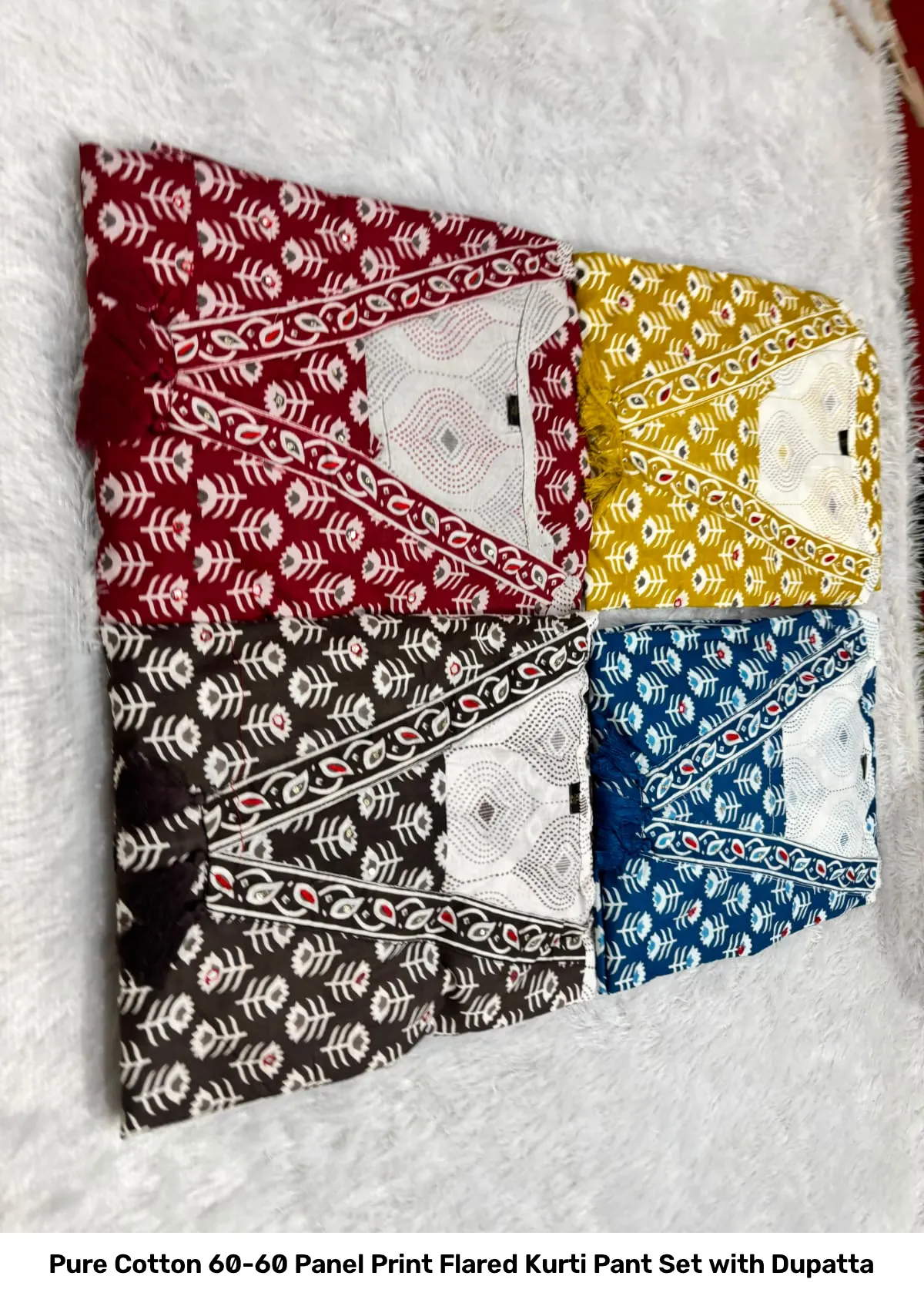 Pure Cotton 60-60 Panel Print Flared Kurti Pant Set with Dupatta 11