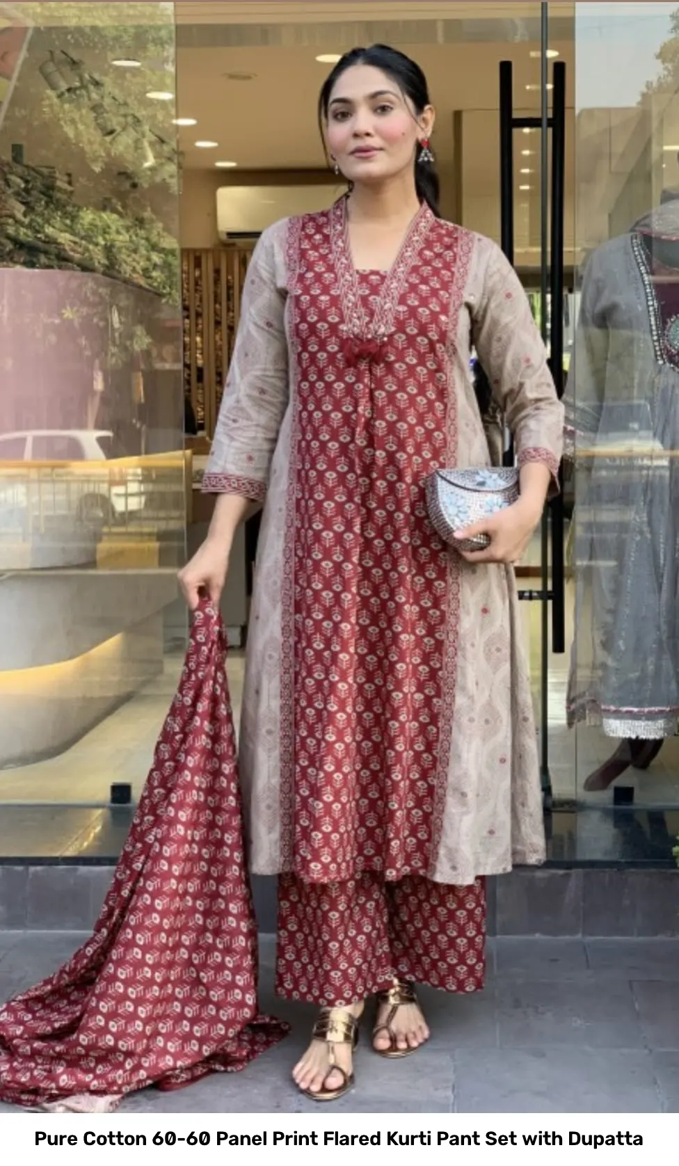 Pure Cotton 60-60 Panel Print Flared Kurti Pant Set with Dupatta 13