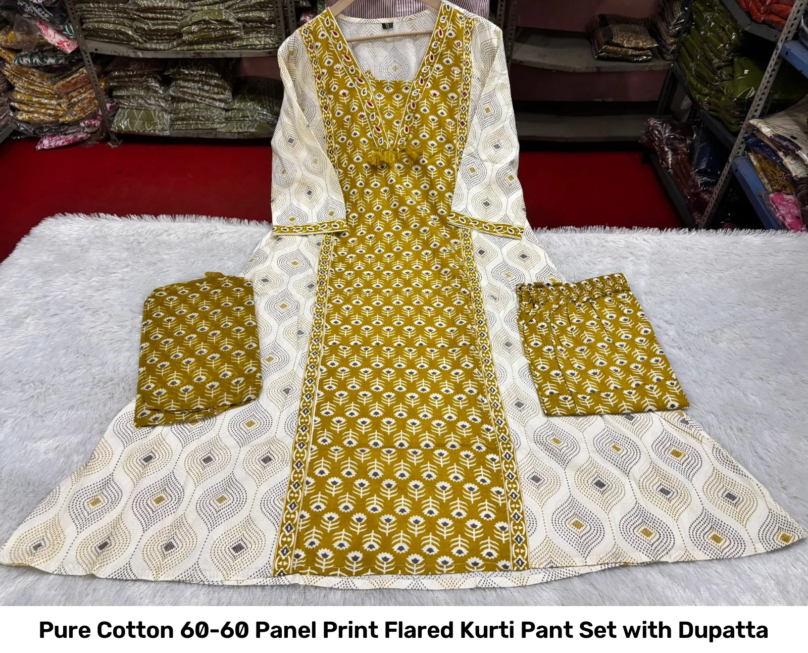 Pure Cotton 60-60 Panel Print Flared Kurti Pant Set with Dupatta 4