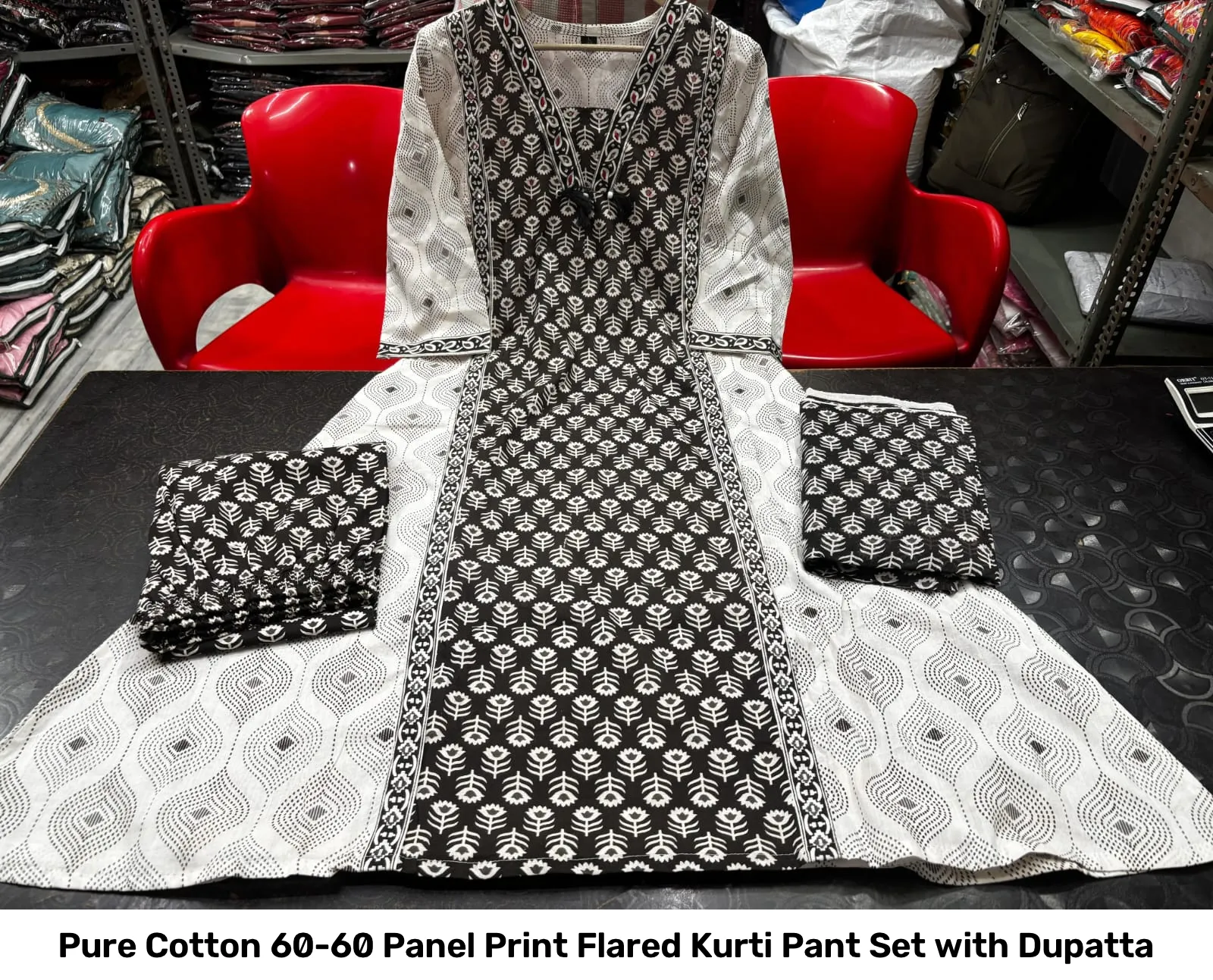 Pure Cotton 60-60 Panel Print Flared Kurti Pant Set with Dupatta 5