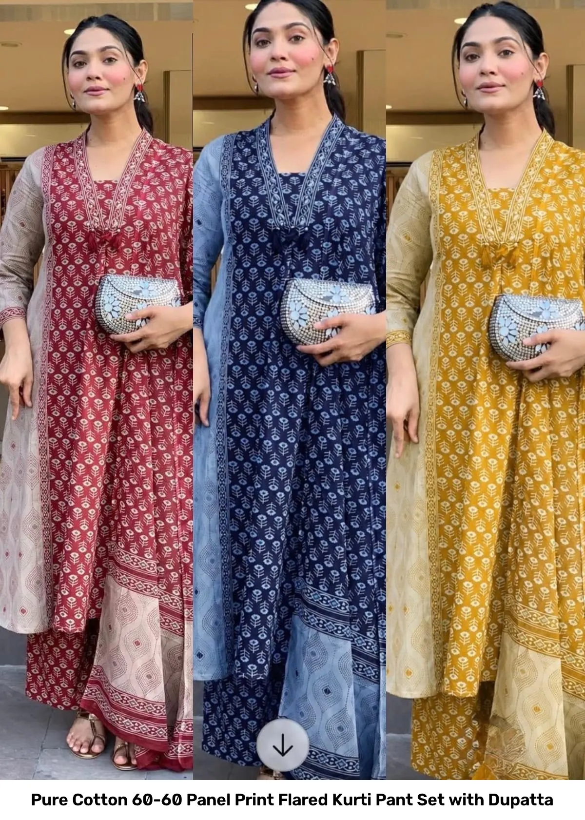 Pure Cotton 60-60 Panel Print Flared Kurti Pant Set with Dupatta 6