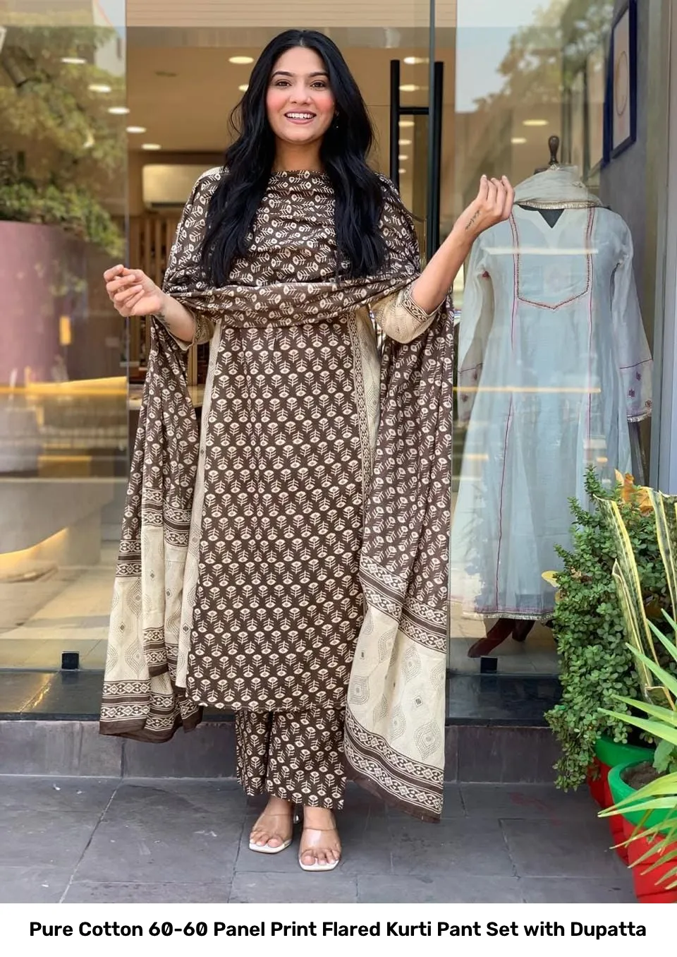 Pure Cotton 60-60 Panel Print Flared Kurti Pant Set with Dupatta 7