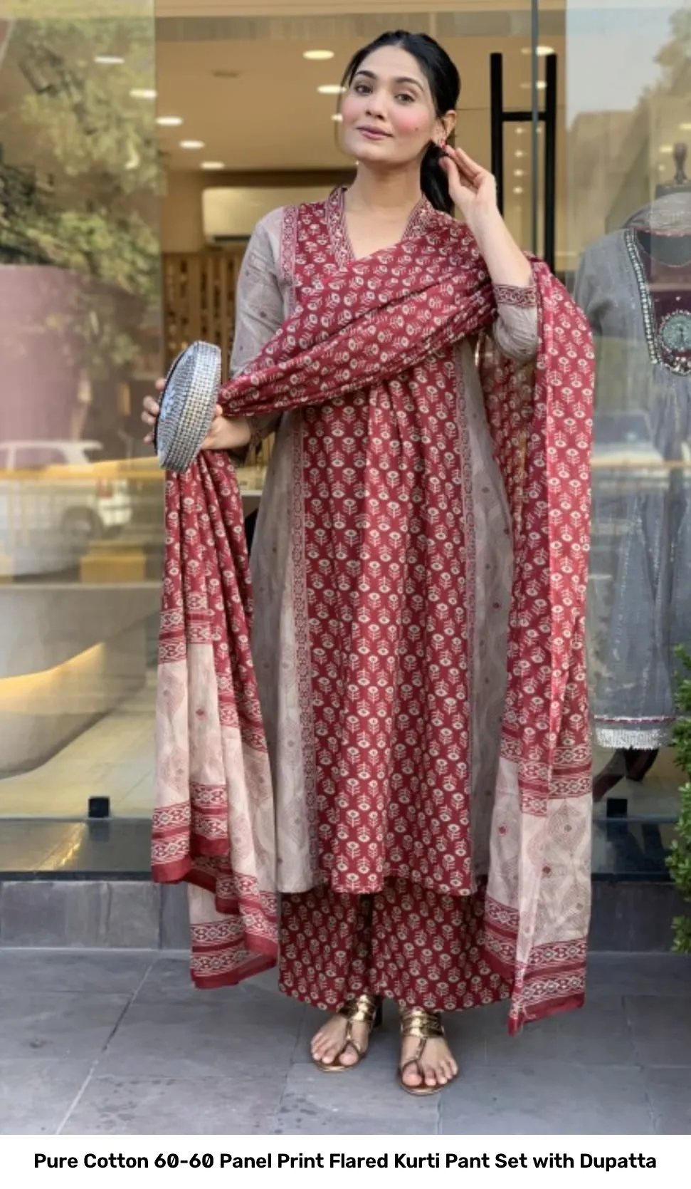 Pure Cotton 60-60 Panel Print Flared Kurti Pant Set with Dupatta 8