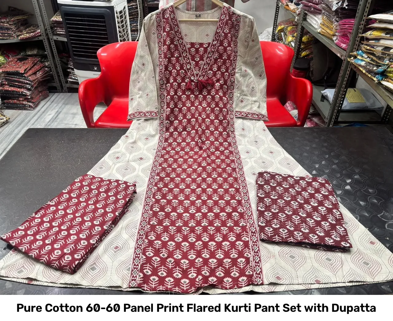 Pure Cotton 60-60 Panel Print Flared Kurti Pant Set with Dupatta 9