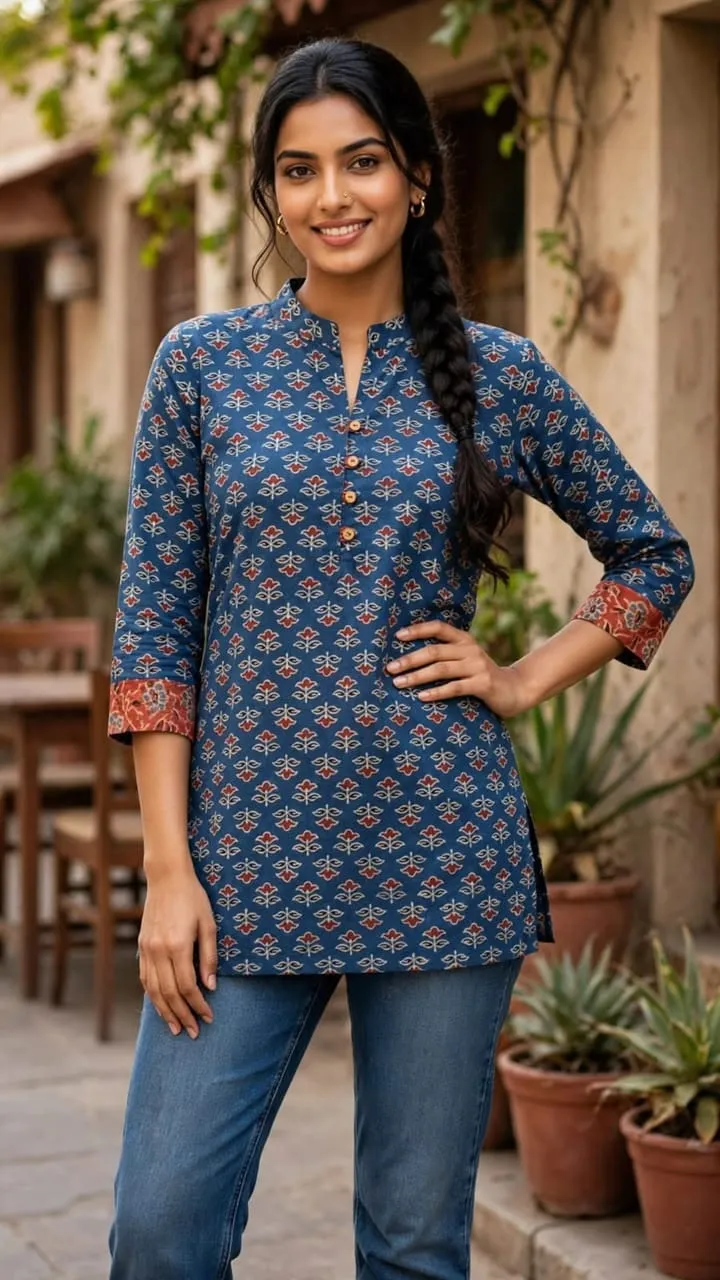 Pure Cotton 60/60 Ajrakh Hand Block Print Short Kurti – Mandarin Collar Casual Tunic Top for Women (Sizes M to 3XL)