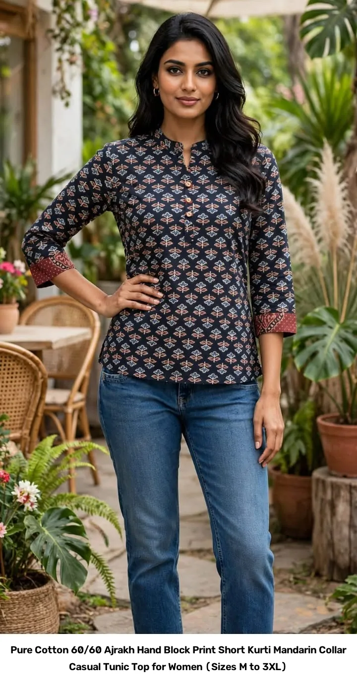 Pure Cotton 60/60 Ajrakh Hand Block Print Short Kurti – Mandarin Collar Casual Tunic Top for Women (Sizes M to 3XL) 2