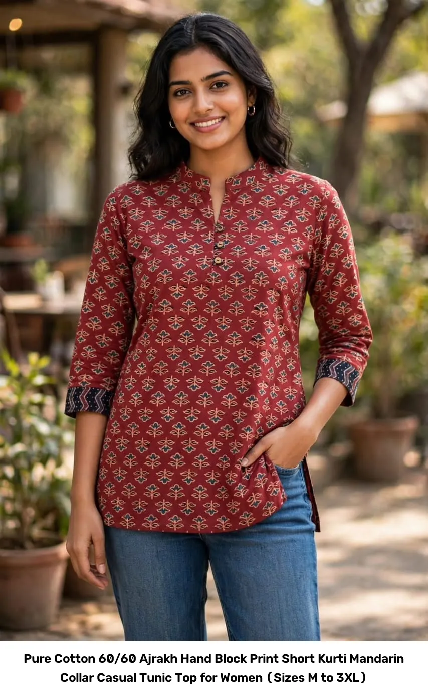Pure Cotton 60/60 Ajrakh Hand Block Print Short Kurti – Mandarin Collar Casual Tunic Top for Women (Sizes M to 3XL) 3