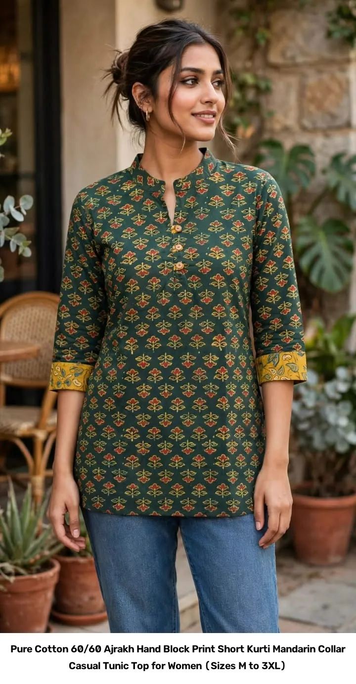 Pure Cotton 60/60 Ajrakh Hand Block Print Short Kurti – Mandarin Collar Casual Tunic Top for Women (Sizes M to 3XL) 4