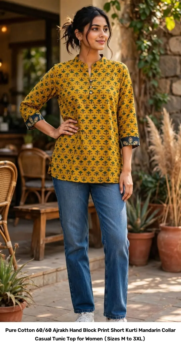 Pure Cotton 60/60 Ajrakh Hand Block Print Short Kurti – Mandarin Collar Casual Tunic Top for Women (Sizes M to 3XL) 5