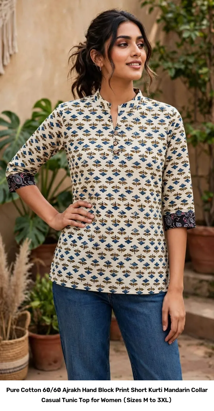 Pure Cotton 60/60 Ajrakh Hand Block Print Short Kurti – Mandarin Collar Casual Tunic Top for Women (Sizes M to 3XL) 6
