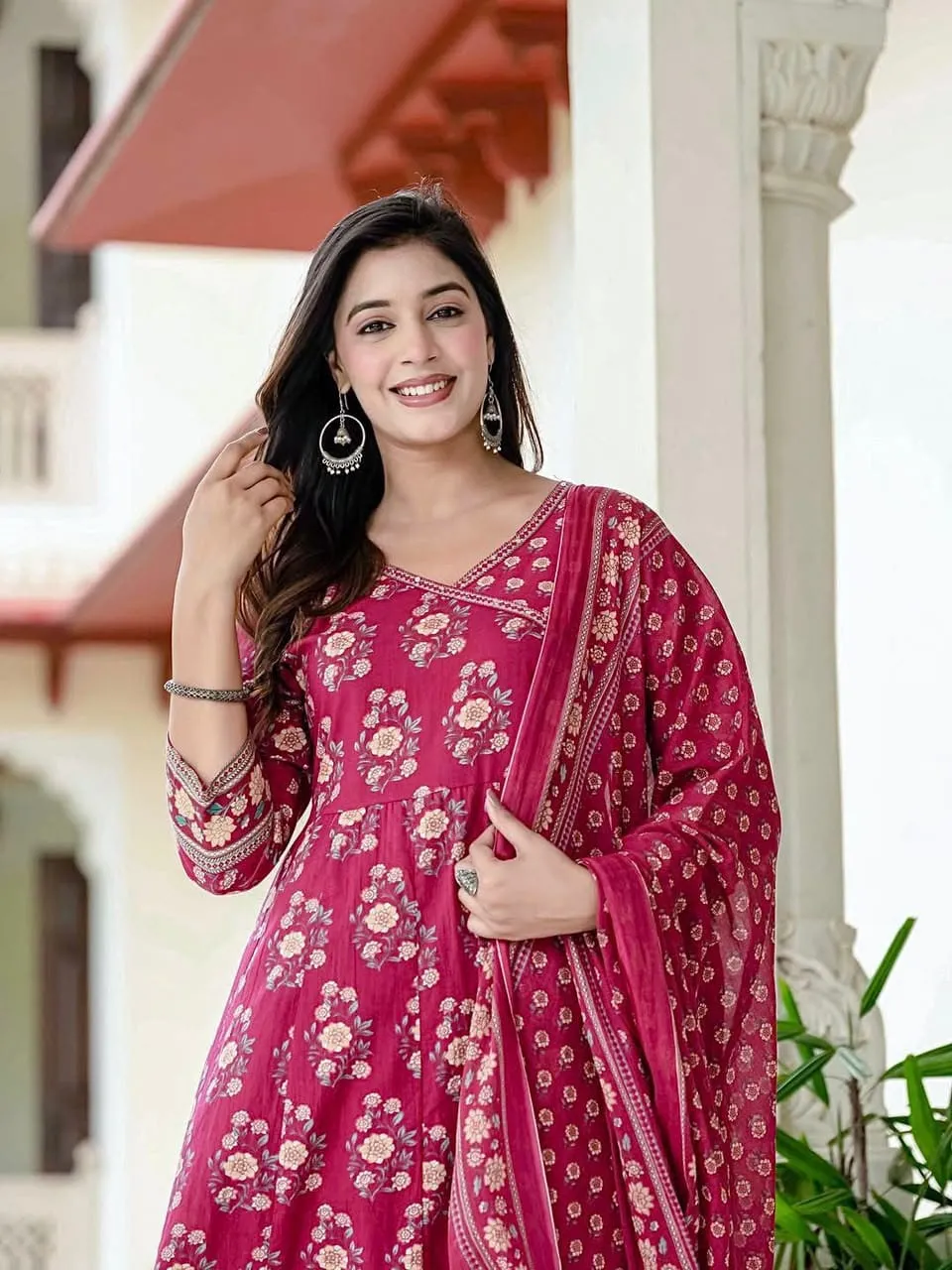 Pure Cotton 60/60 Angrakha Anarkali Kurta Set with Palazzo & Dupatta | Sequin Adda Work Floral 3-Piece Suit (M–XXL)