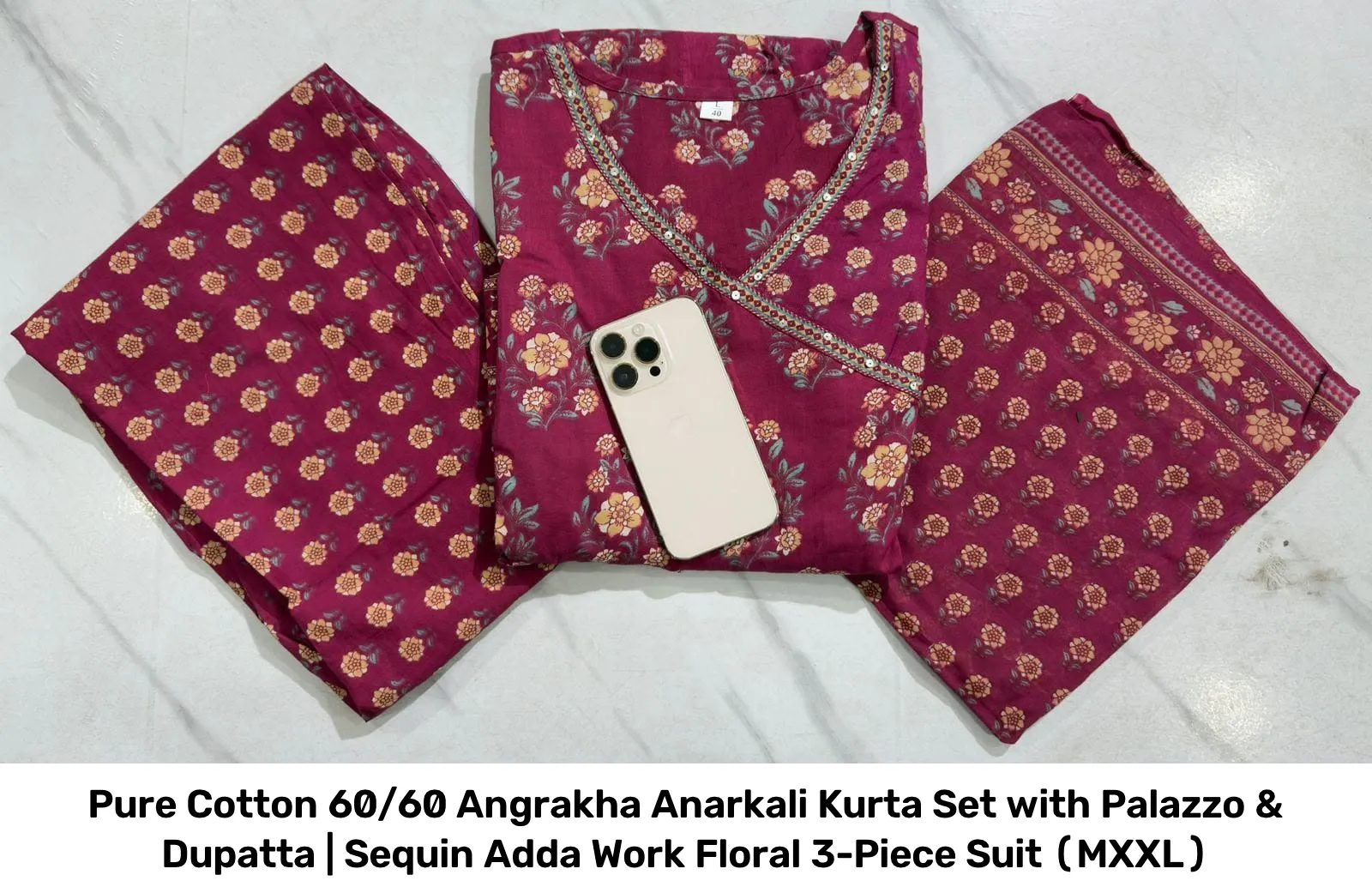 Pure Cotton 60/60 Angrakha Anarkali Kurta Set with Palazzo & Dupatta | Sequin Adda Work Floral 3-Piece Suit (M–XXL) 2