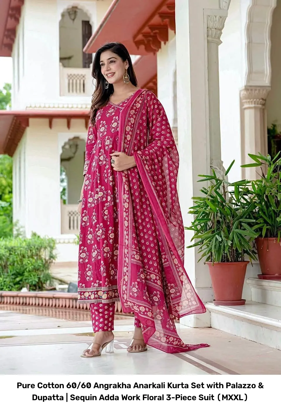 Pure Cotton 60/60 Angrakha Anarkali Kurta Set with Palazzo & Dupatta | Sequin Adda Work Floral 3-Piece Suit (M–XXL) 3