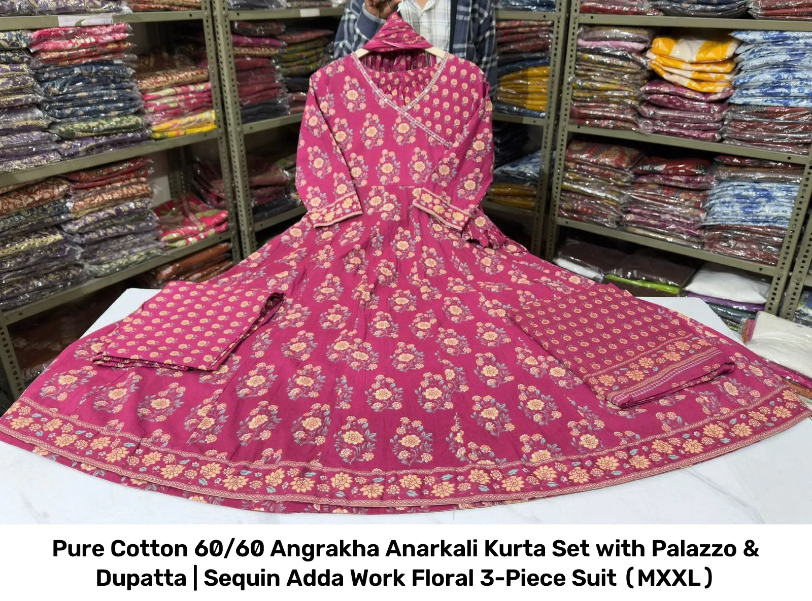 Pure Cotton 60/60 Angrakha Anarkali Kurta Set with Palazzo & Dupatta | Sequin Adda Work Floral 3-Piece Suit (M–XXL) 4