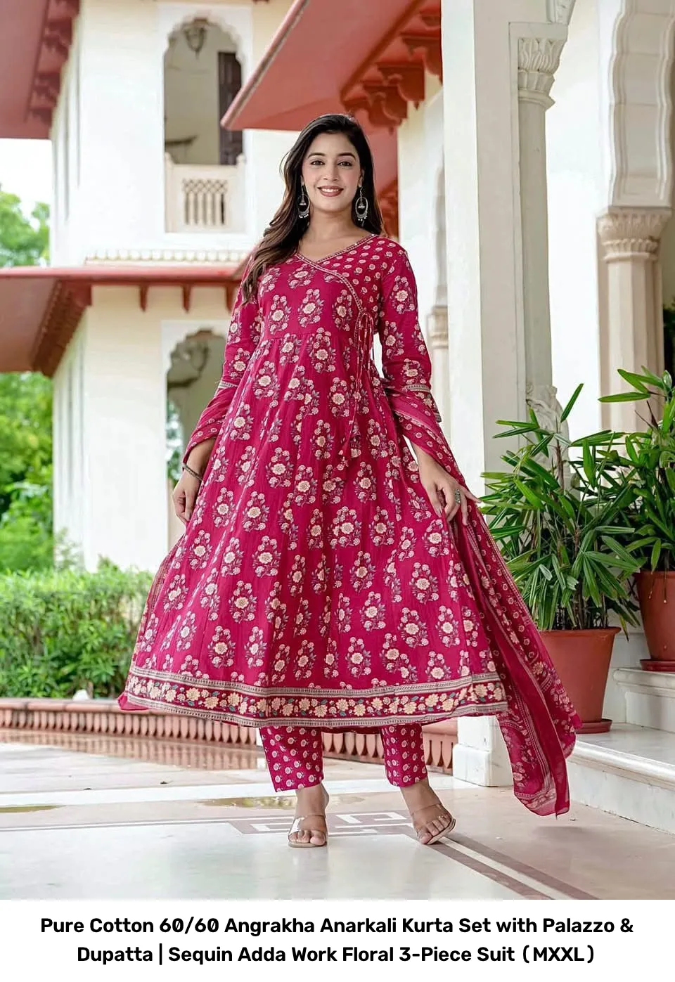 Pure Cotton 60/60 Angrakha Anarkali Kurta Set with Palazzo & Dupatta | Sequin Adda Work Floral 3-Piece Suit (M–XXL) 5