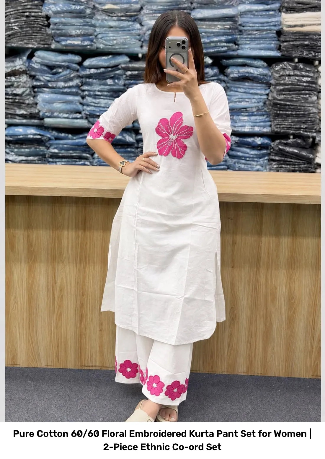 Pure Cotton 60/60 Floral Embroidered Kurta Pant Set for Women | 2-Piece Ethnic Co-ord Set 4