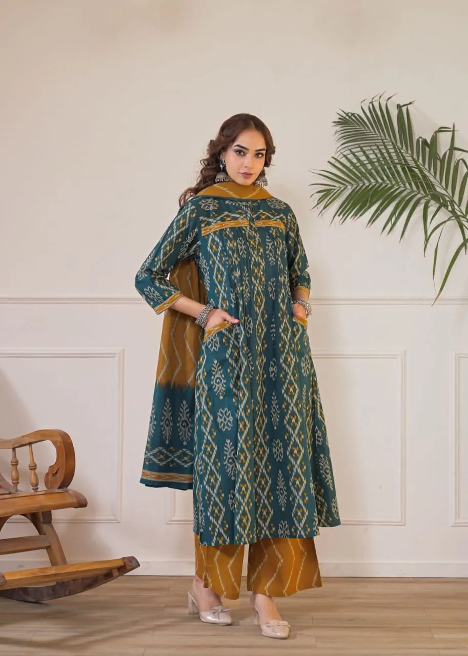 Pure Cotton 60/60 Ikat Print A-Line Kurti Pant Set with Both Side Pockets & Adda Work Detailing (3-Piece Suit) 1